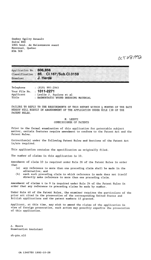 Document de brevet canadien 1340750. Demande d'examen 19921028. Image 1 de 1