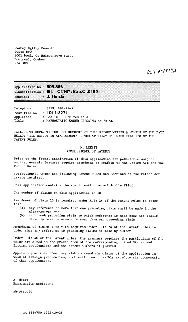 Document de brevet canadien 1340750. Demande d'examen 19921028. Image 1 de 1