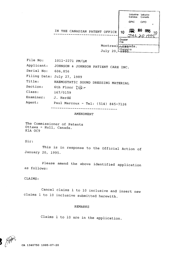 Document de brevet canadien 1340750. Correspondance de la poursuite 19950720. Image 1 de 4