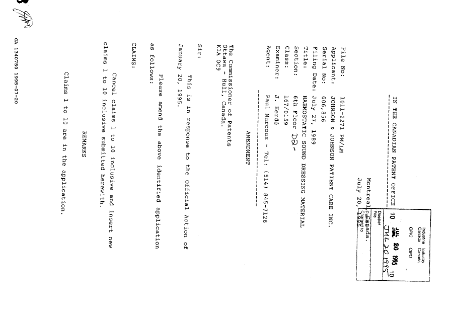 Canadian Patent Document 1340750. Prosecution Correspondence 19950720. Image 1 of 4