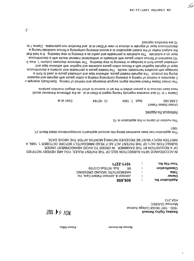 Canadian Patent Document 1340750. Examiner Requisition 19971104. Image 1 of 2