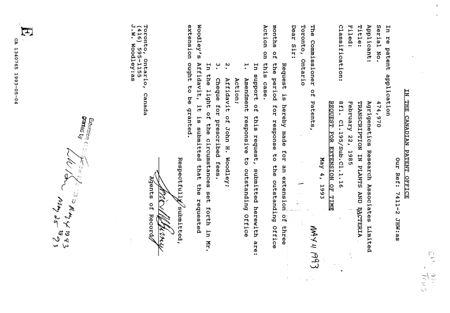 Document de brevet canadien 1340765. Correspondance reliée au PCT 19930504. Image 1 de 4