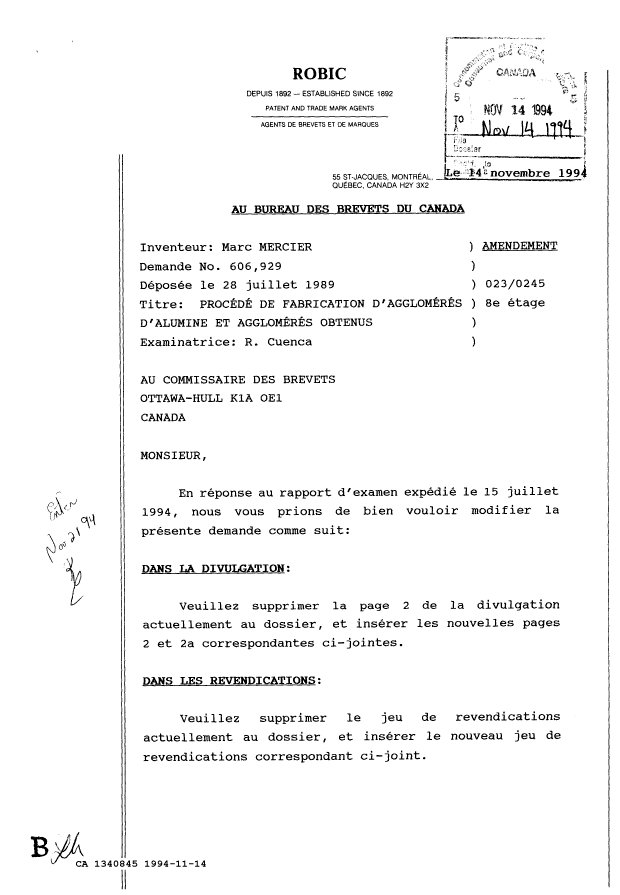 Document de brevet canadien 1340845. Correspondance de la poursuite 19941114. Image 1 de 9