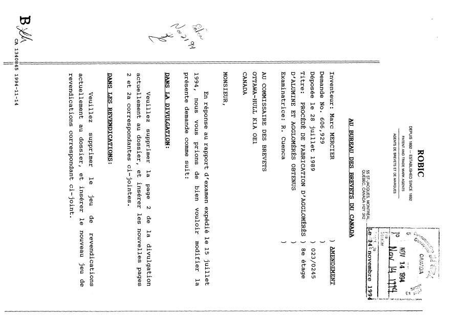 Document de brevet canadien 1340845. Correspondance de la poursuite 19941114. Image 1 de 9