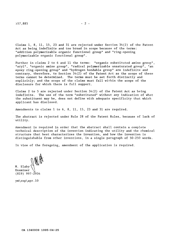 Document de brevet canadien 1340939. Demande d'examen 19950425. Image 2 de 2