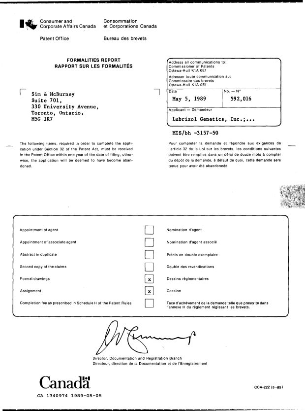 Document de brevet canadien 1340974. Lettre du bureau 19890505. Image 1 de 1