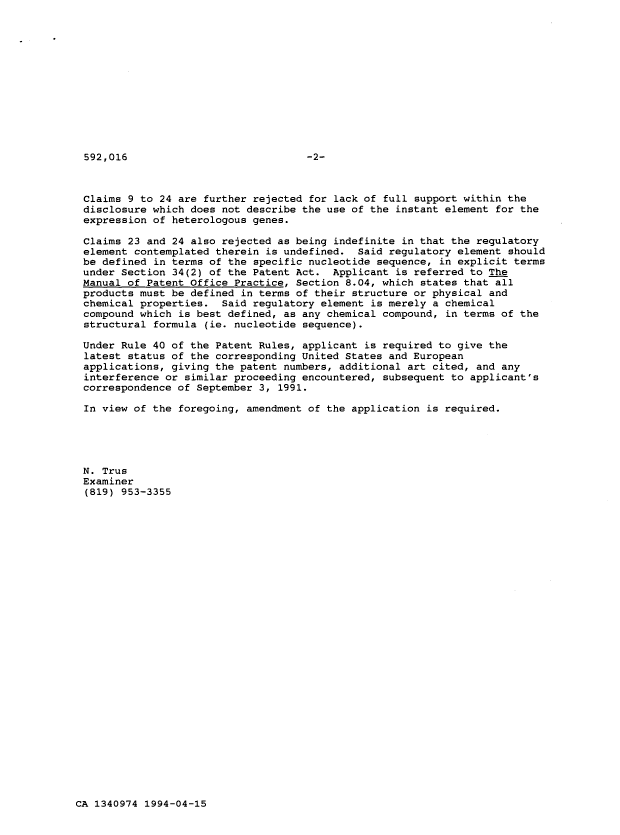 Canadian Patent Document 1340974. Examiner Requisition 19940415. Image 2 of 2