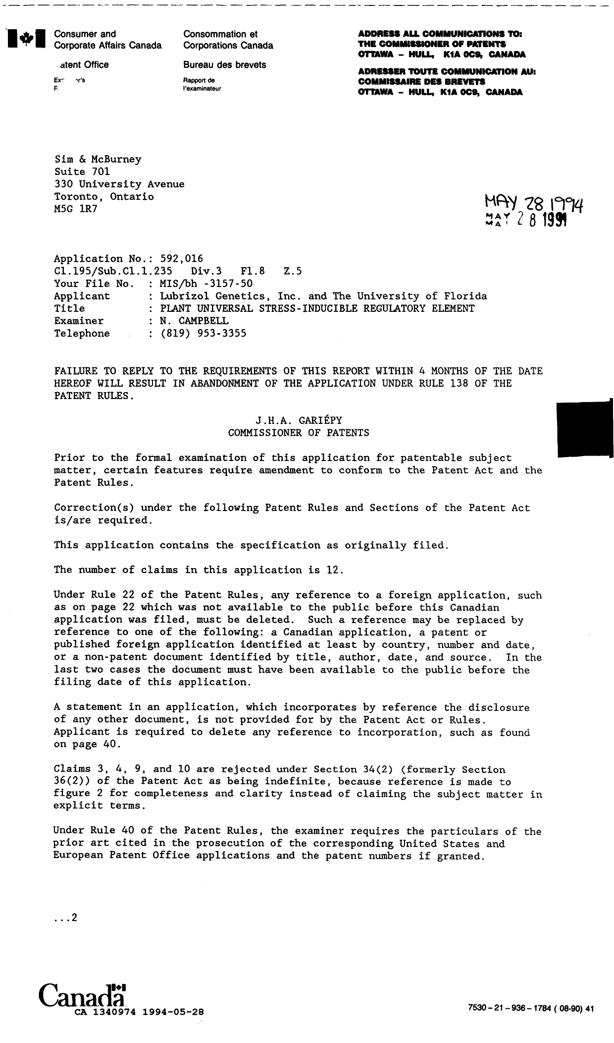 Document de brevet canadien 1340974. Demande d'examen 19940528. Image 1 de 2
