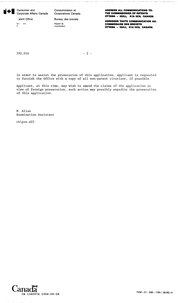 Document de brevet canadien 1340974. Demande d'examen 19940528. Image 2 de 2