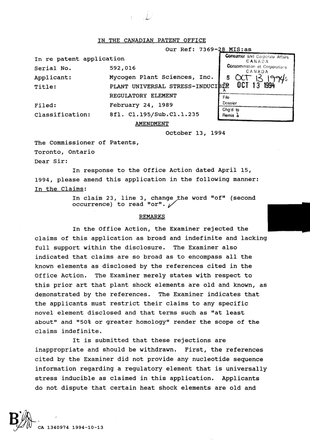 Document de brevet canadien 1340974. Correspondance de la poursuite 19941013. Image 1 de 3