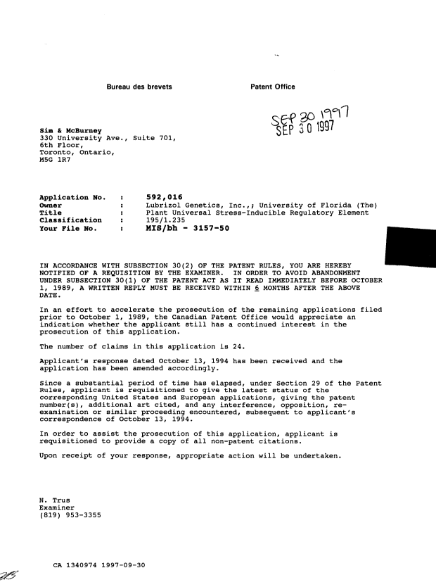 Canadian Patent Document 1340974. Examiner Requisition 19970930. Image 1 of 1