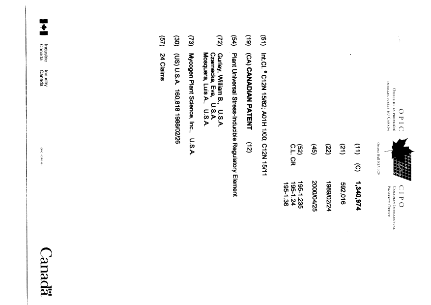 Document de brevet canadien 1340974. Page couverture 20000425. Image 1 de 1