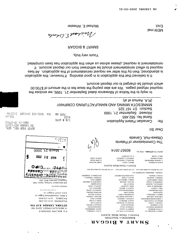 Document de brevet canadien 1340981. Correspondance de la poursuite 20000321. Image 1 de 1