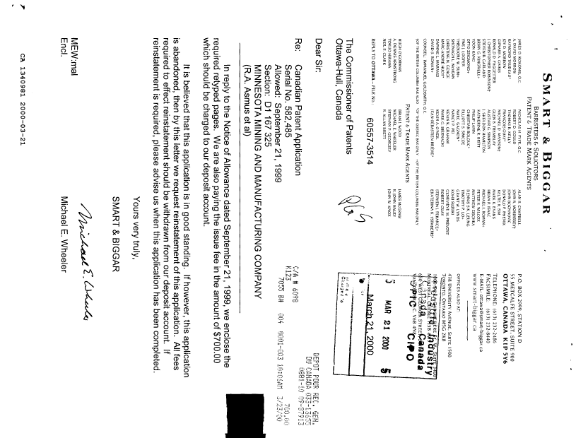 Canadian Patent Document 1340981. Prosecution Correspondence 20000321. Image 1 of 1