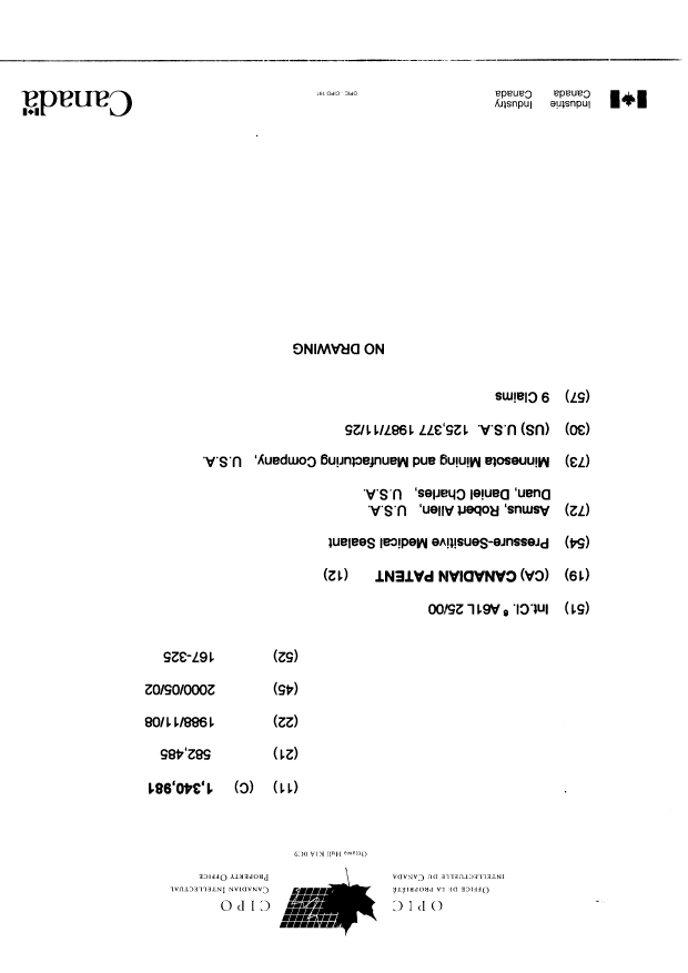 Document de brevet canadien 1340981. Page couverture 20000503. Image 1 de 1