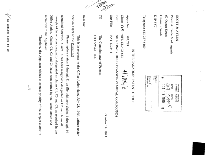 Document de brevet canadien 1341404. Correspondance de la poursuite 19951019. Image 1 de 2