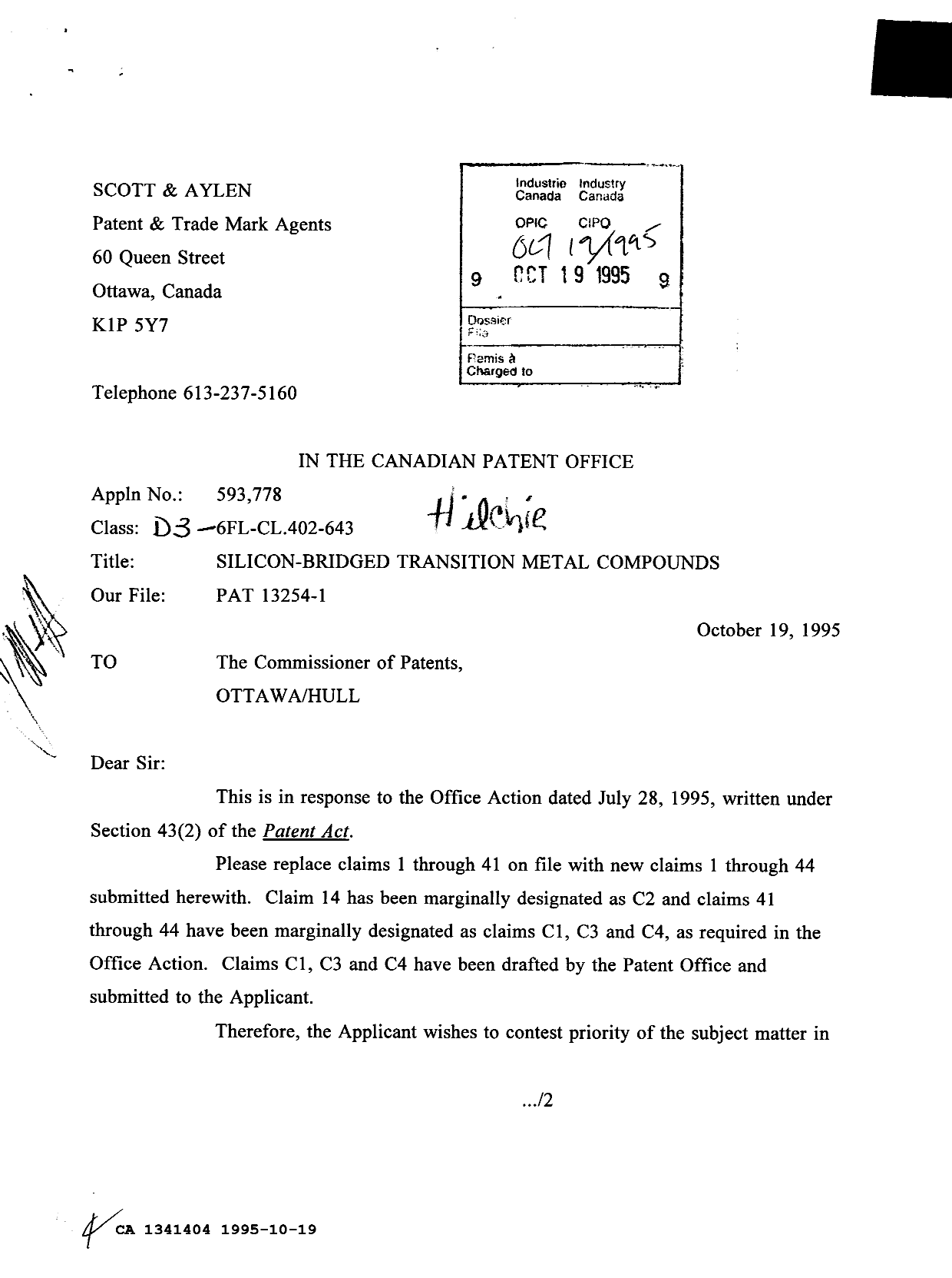 Canadian Patent Document 1341404. Prosecution Correspondence 19951019. Image 1 of 2
