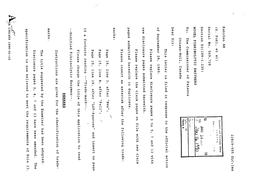Canadian Patent Document 1341459. Prosecution Correspondence 19900116. Image 1 of 6