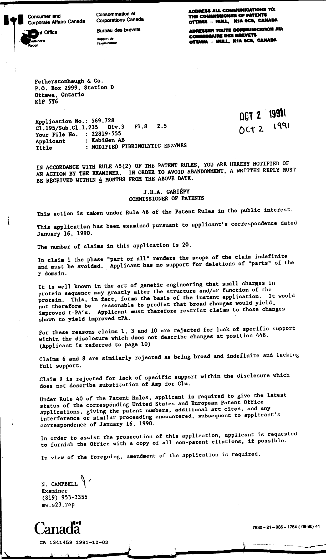 Canadian Patent Document 1341459. Examiner Requisition 19911002. Image 1 of 1