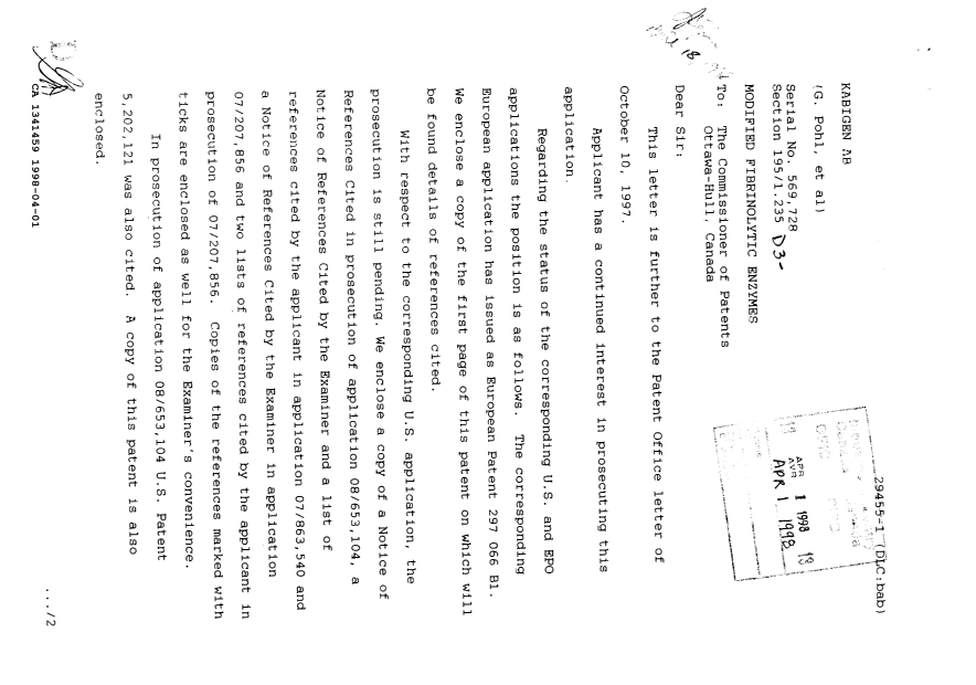 Canadian Patent Document 1341459. Prosecution Correspondence 19980401. Image 1 of 12