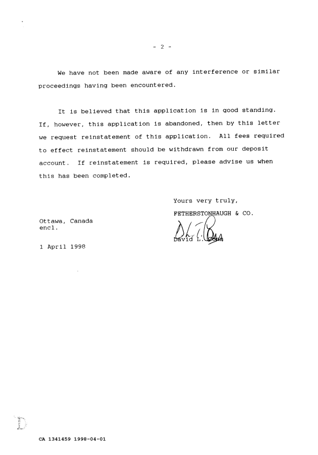 Canadian Patent Document 1341459. Prosecution Correspondence 19980401. Image 2 of 12