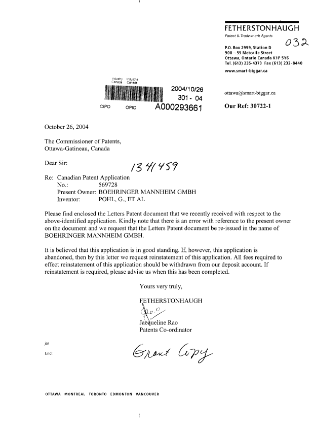 Document de brevet canadien 1341459. Correspondance 20041026. Image 1 de 1