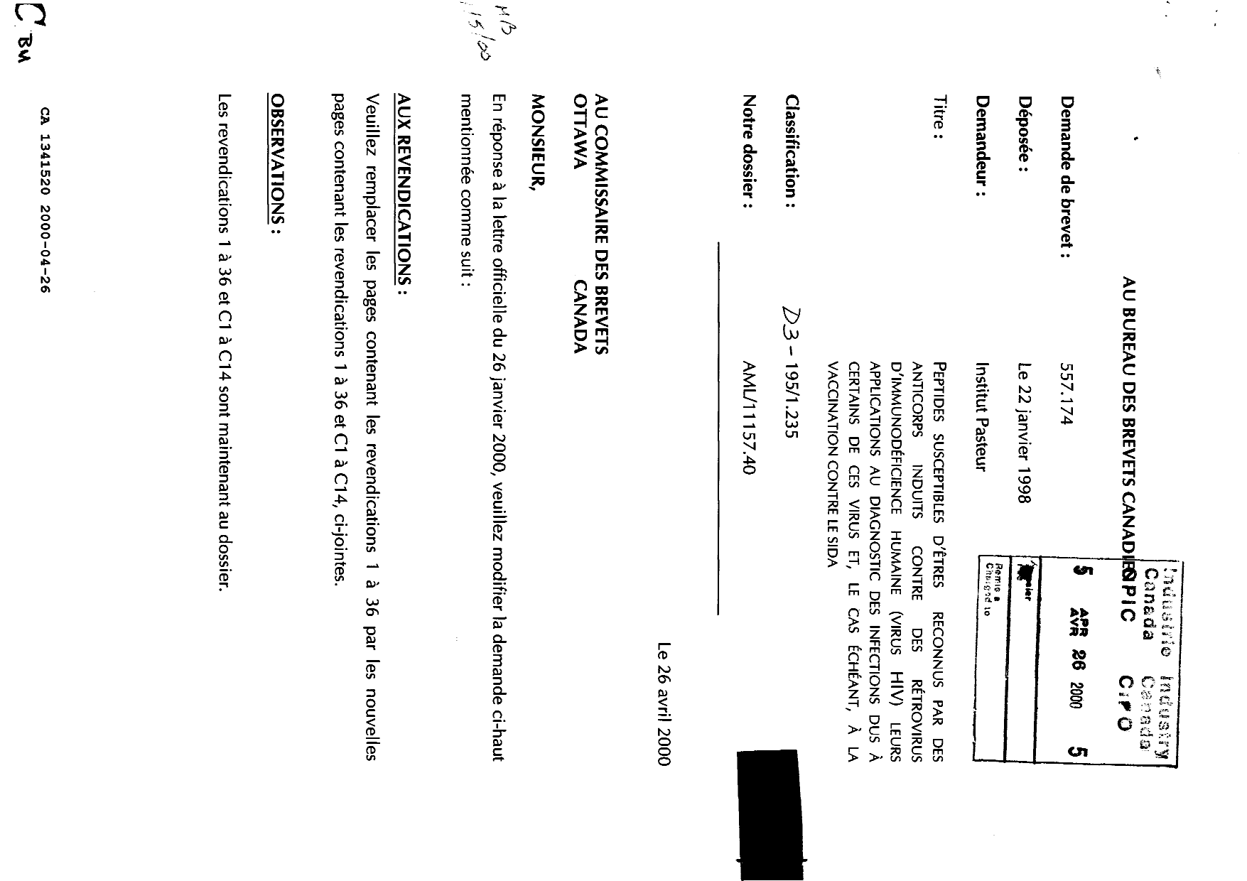 Canadian Patent Document 1341520. Prosecution Correspondence 20000426. Image 1 of 2