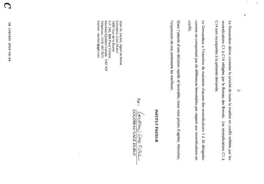 Canadian Patent Document 1341520. Prosecution Correspondence 20000426. Image 2 of 2