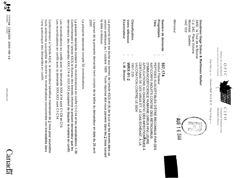 Document de brevet canadien 1341520. Demande d'examen 20000816. Image 1 de 2