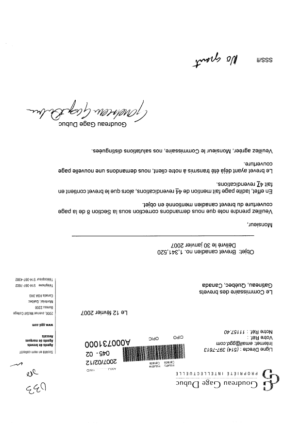 Canadian Patent Document 1341520. Correspondence 20070212. Image 1 of 1