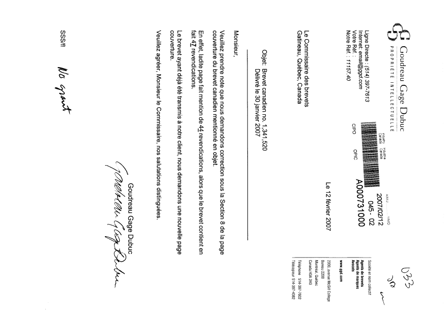 Document de brevet canadien 1341520. Correspondance 20070212. Image 1 de 1
