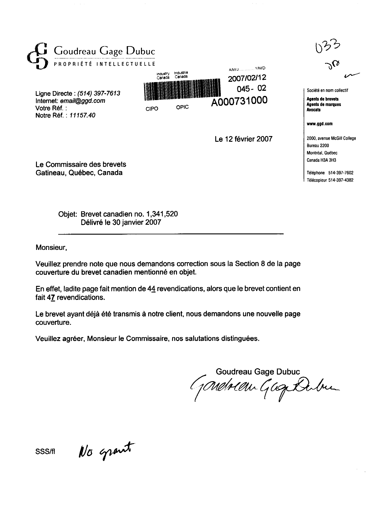 Document de brevet canadien 1341520. Correspondance 20070212. Image 1 de 1