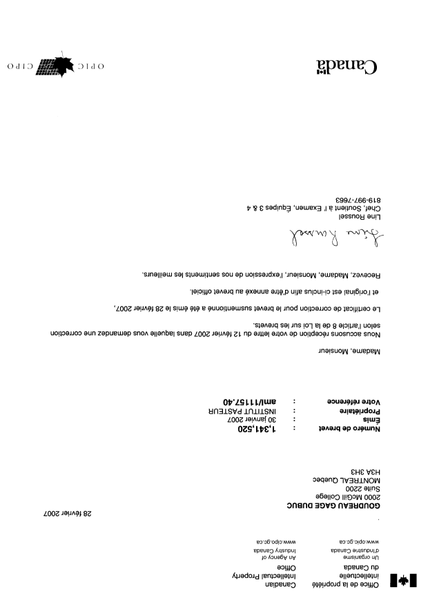 Canadian Patent Document 1341520. Prosecution-Amendment 20070228. Image 1 of 2