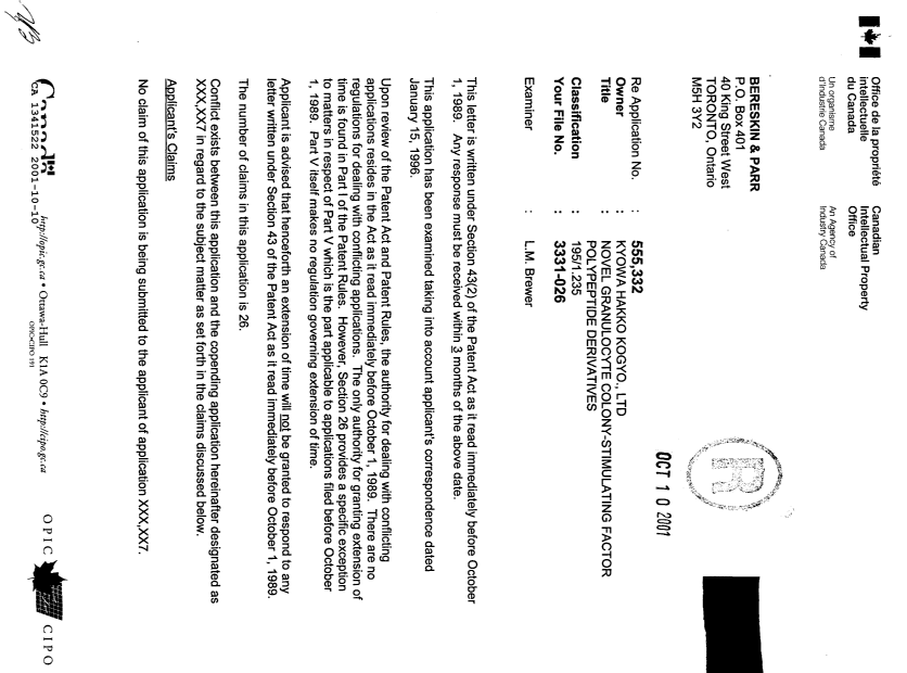 Document de brevet canadien 1341522. Demande d'examen 20011010. Image 1 de 13