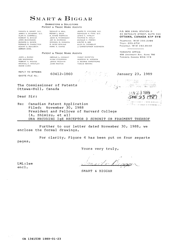 Document de brevet canadien 1341538. Correspondance de la poursuite 19890123. Image 1 de 1