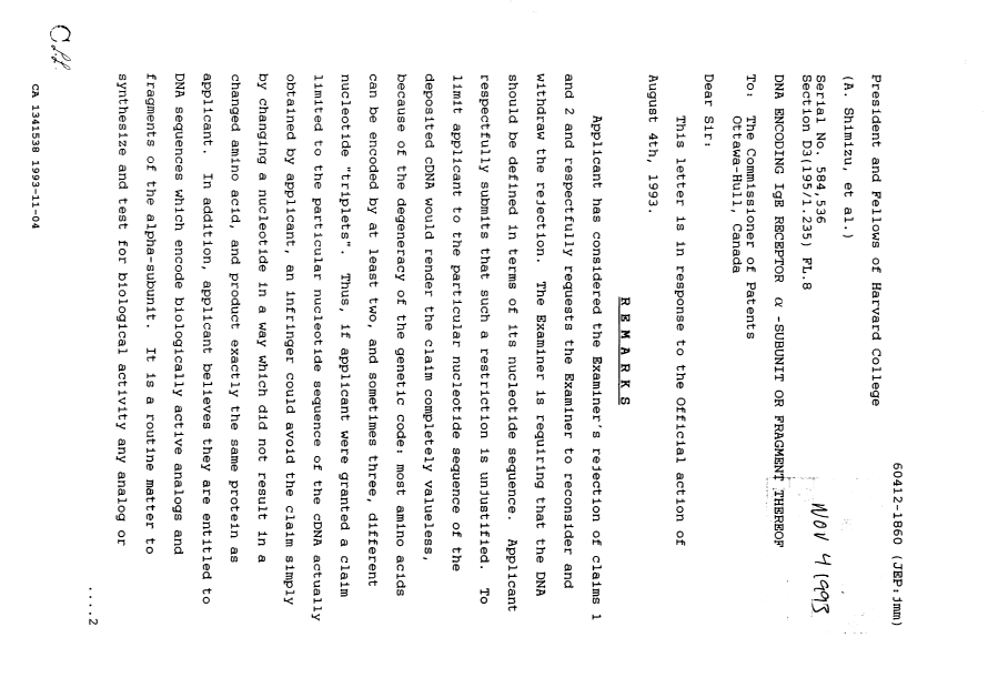 Canadian Patent Document 1341538. Prosecution Correspondence 19931104. Image 1 of 6