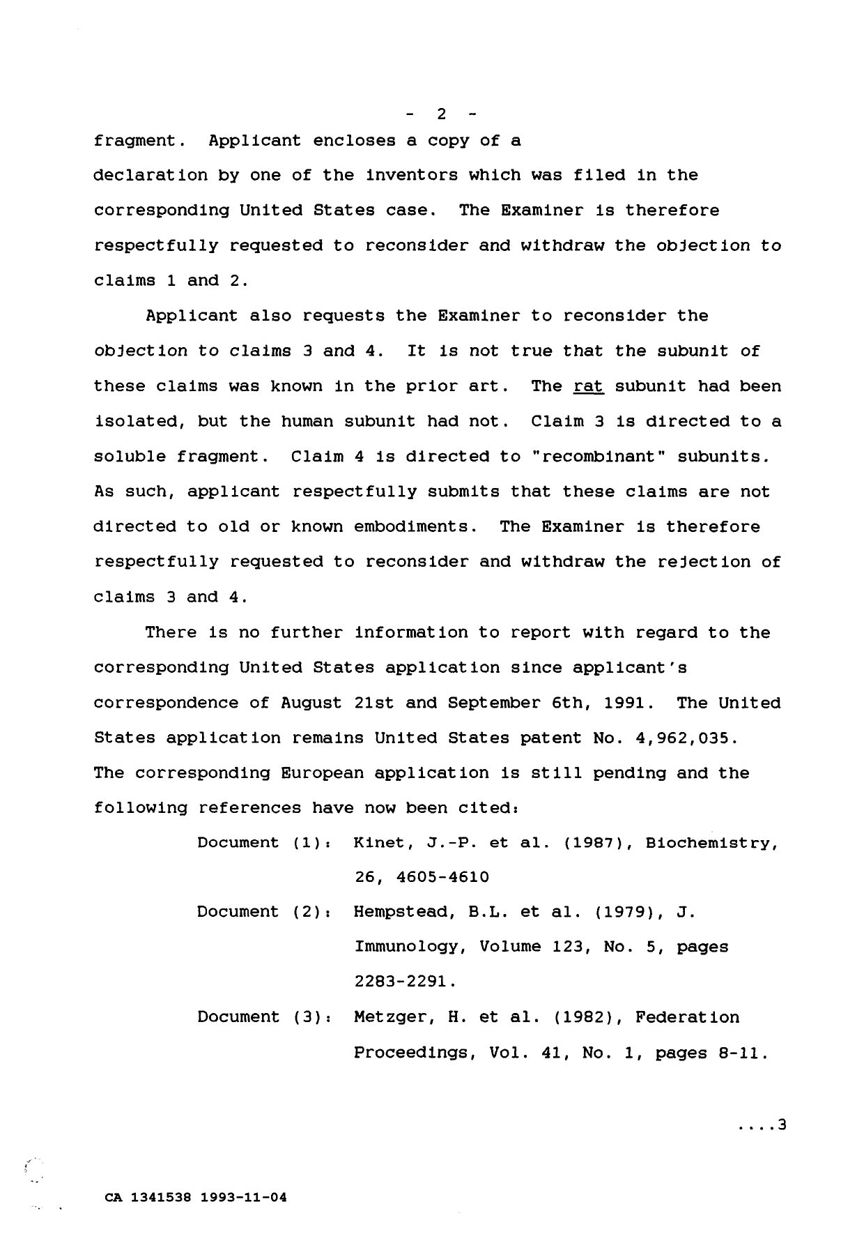 Canadian Patent Document 1341538. Prosecution Correspondence 19931104. Image 2 of 6