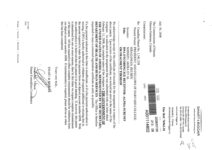 Document de brevet canadien 1341538. Cession 20080730. Image 1 de 2