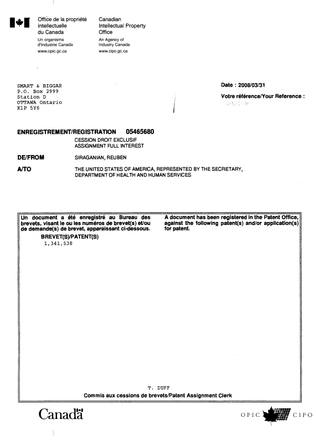 Canadian Patent Document 1341538. Assignment 20080730. Image 2 of 2