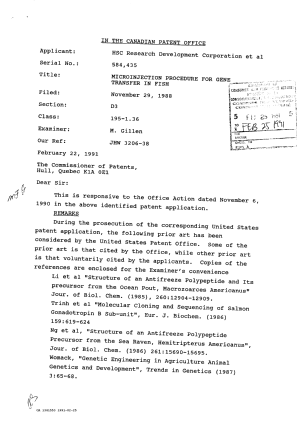Document de brevet canadien 1341553. Correspondance de la poursuite 19910225. Image 1 de 2