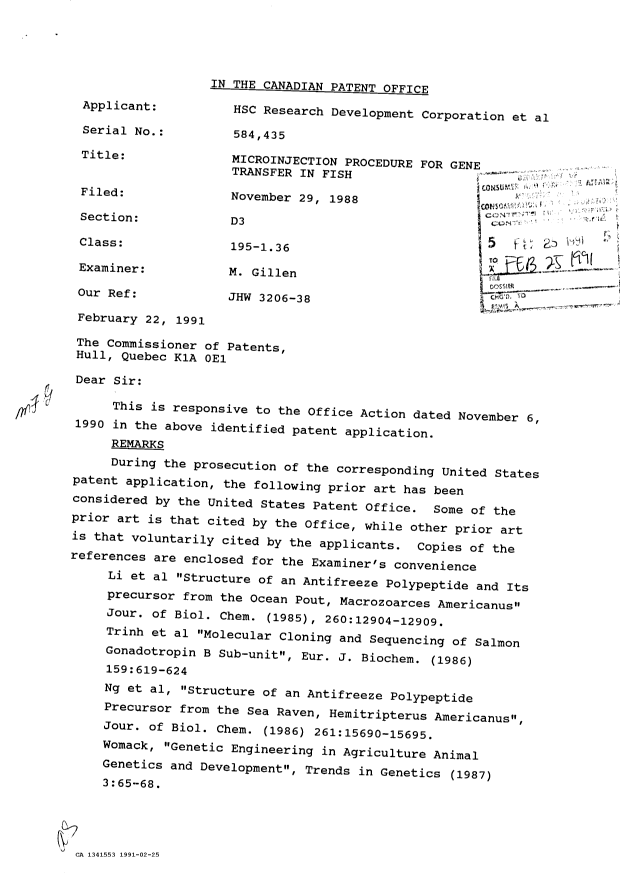 Document de brevet canadien 1341553. Correspondance de la poursuite 19910225. Image 1 de 2
