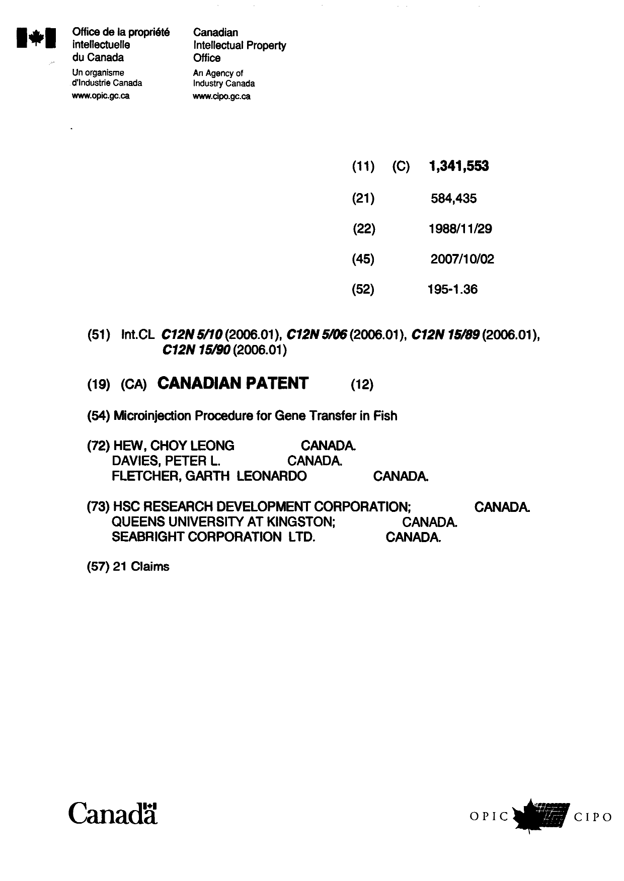 Document de brevet canadien 1341553. Page couverture 20071002. Image 1 de 1