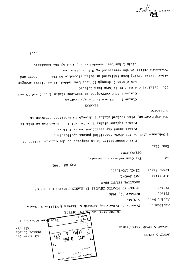 Canadian Patent Document 1341556. Prosecution Correspondence 19910508. Image 1 of 2