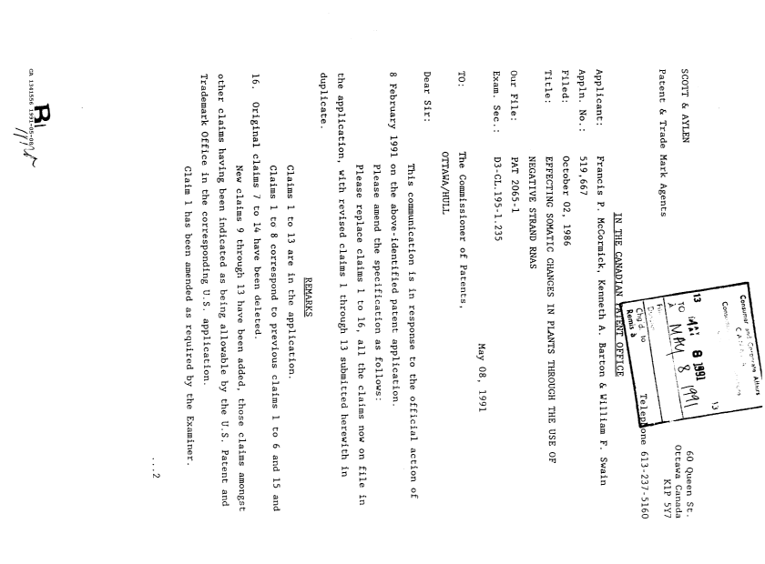 Document de brevet canadien 1341556. Correspondance de la poursuite 19910508. Image 1 de 2