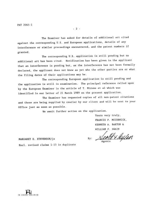Document de brevet canadien 1341556. Correspondance de la poursuite 19910508. Image 2 de 2