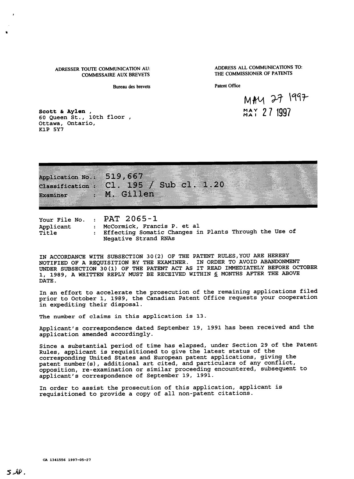 Canadian Patent Document 1341556. Examiner Requisition 19970527. Image 1 of 2