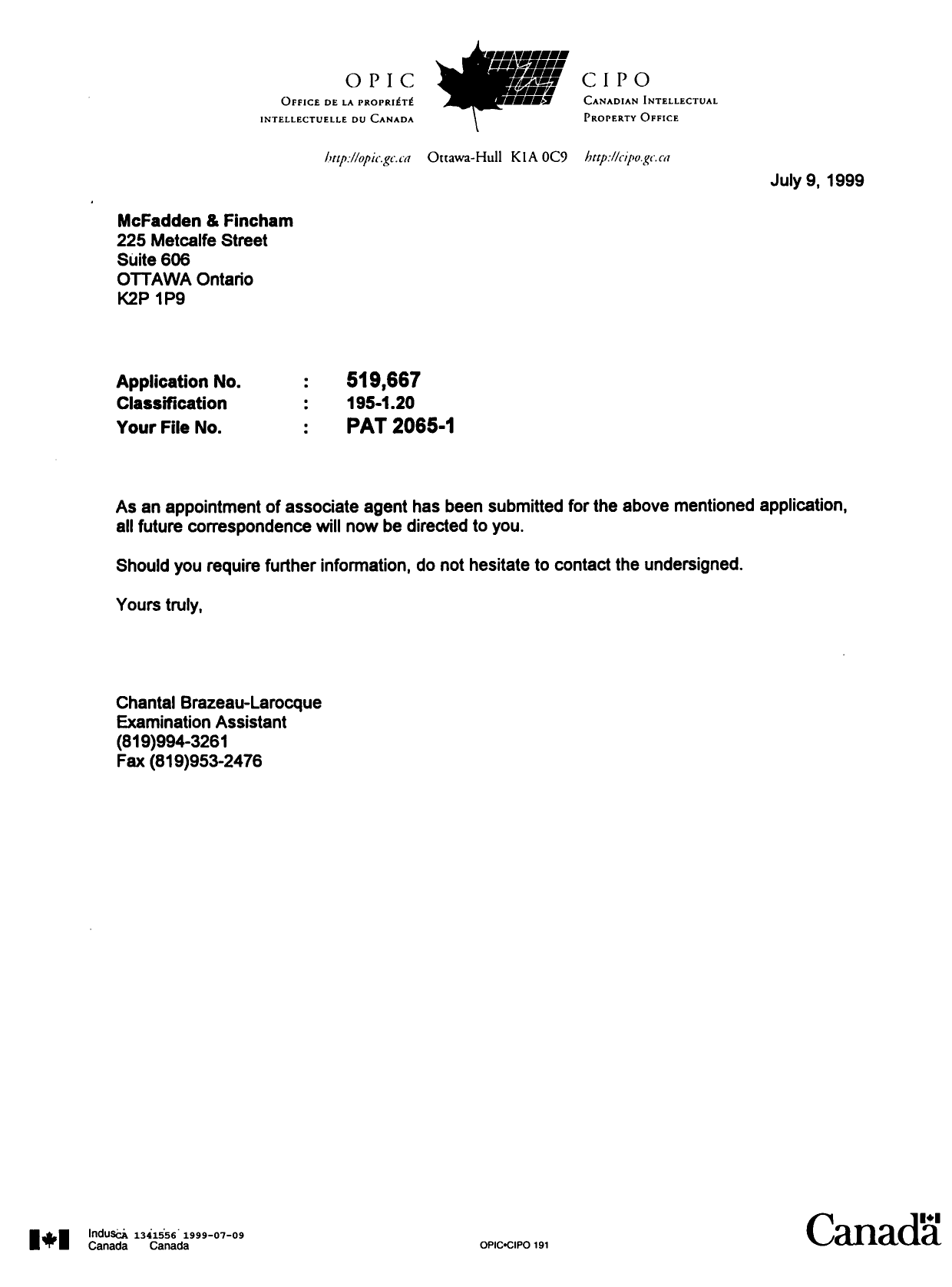 Canadian Patent Document 1341556. Office Letter 19990709. Image 1 of 1
