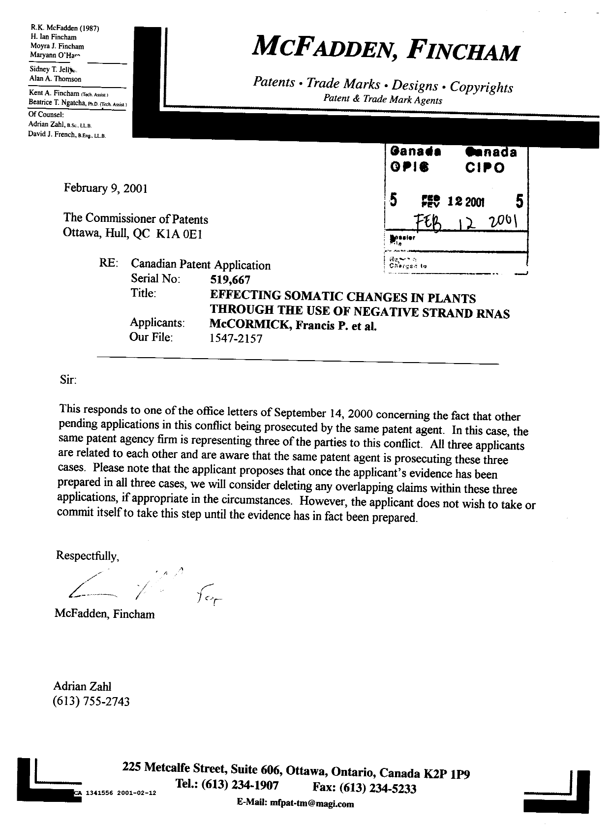Document de brevet canadien 1341556. Correspondance reliée au PCT 20010212. Image 1 de 1