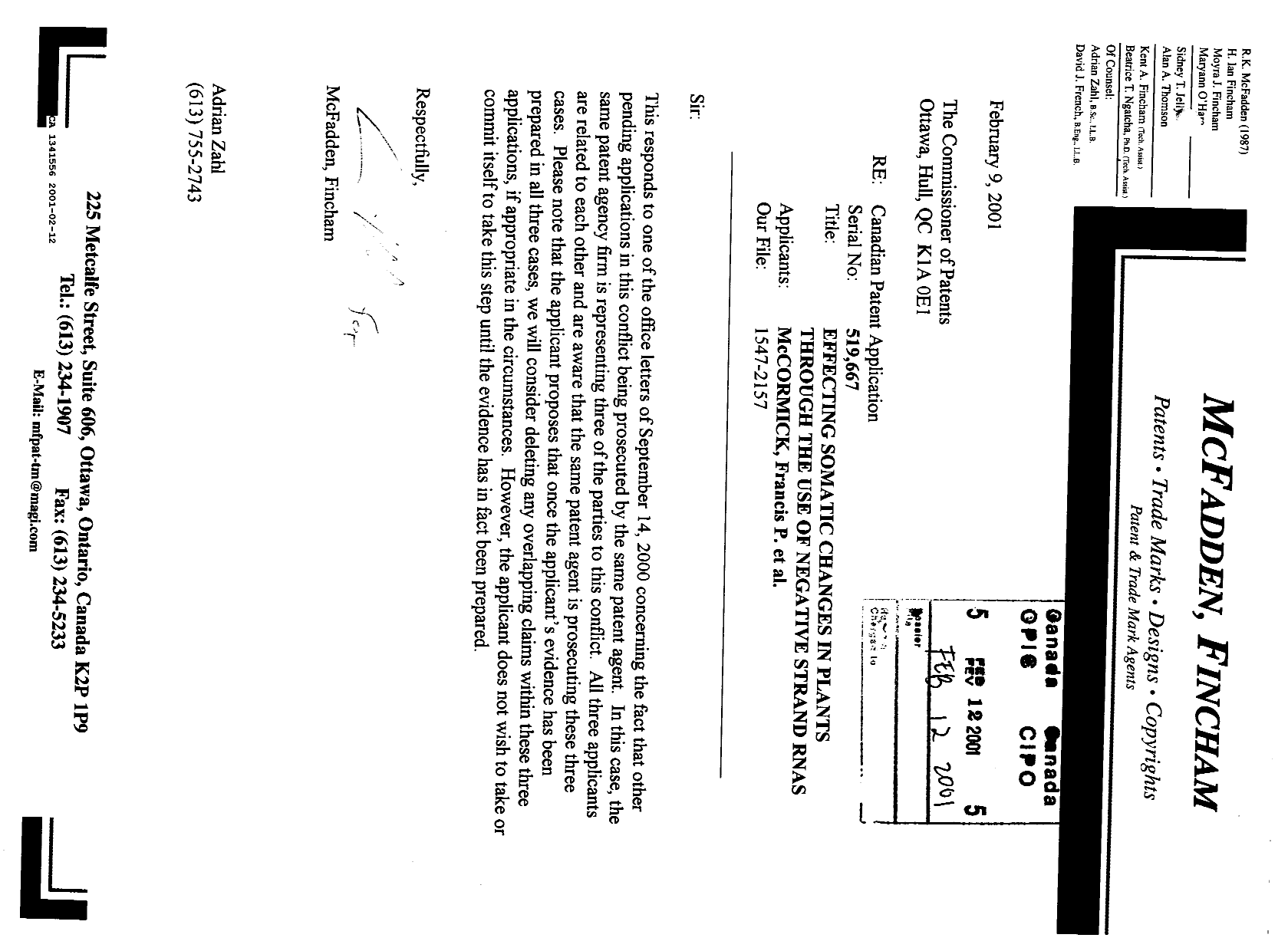 Canadian Patent Document 1341556. PCT Correspondence 20010212. Image 1 of 1