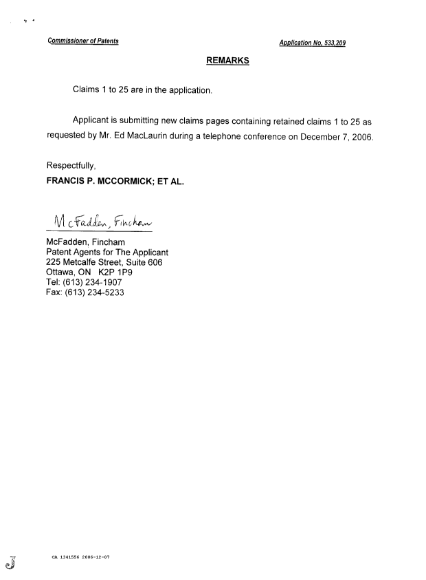 Canadian Patent Document 1341556. Prosecution Correspondence 20061207. Image 2 of 2